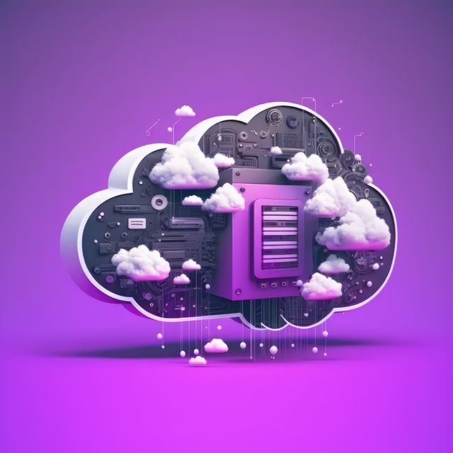 This image represents a creative 3D illustration of cloud computing with digital servers and technology elements. Ideal for use in articles about cloud technology, data storage solutions, cybersecurity, and the future of IT. It can also enhance presentations, websites, and blog posts focused on topics such as internet technology, digital innovation, and secure networking.
