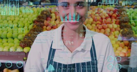 Smiling market vendor arranging apples and citrus using augmented analytics HUD overlays