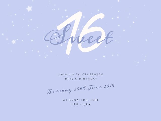 Elegant invite features 'Sweet 16' in stylish font over starry backdrop. Great for digitized or print birthday party invites. Ideal for sweet sixteen, teen milestones, memorable celebrations, custom party planning.