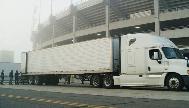 White semi truck parked outside stadium loading crew handling refrigerated cargo delivery