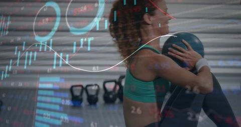 Woman holding medicine ball training core with fitness data overlay and strength tracking