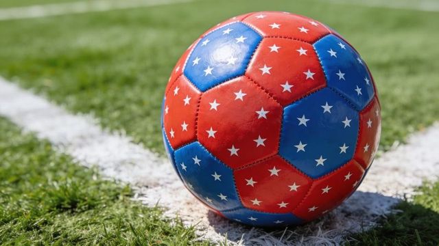 Patriotic red-and-blue soccer ball with white stars on turf near field line