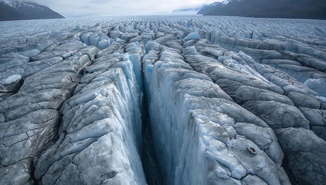 Vast crevassed glacier stretching with deep crevasse and towering seracs in alpine valley