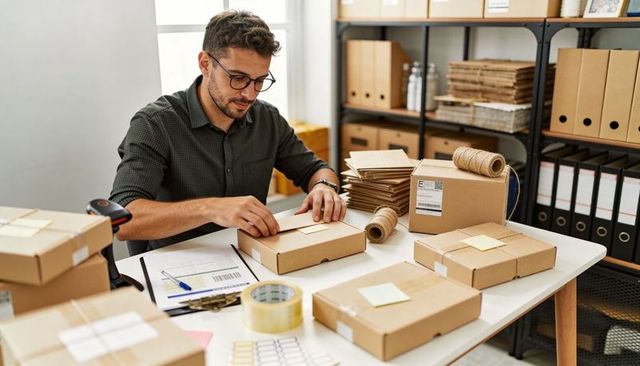 Ecommerce Seller Packing Mailer Boxes at Sunlit Fulfillment Workstation for Shipping