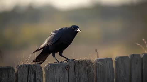 Crow Observing Meadow from Wooden Fence in Warm Evening Light