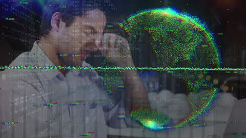 Businessman Strategizing with Global Data Analytics Display