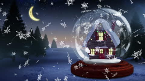 Snow Globe with House and Crescent Moon at Night