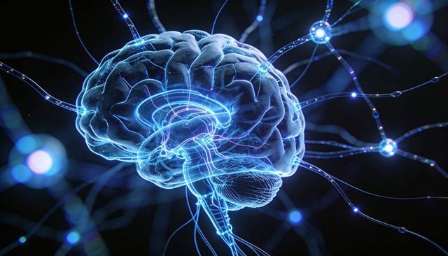 Neon translucent brain with glowing neural network and synapse nodes, futuristic concept