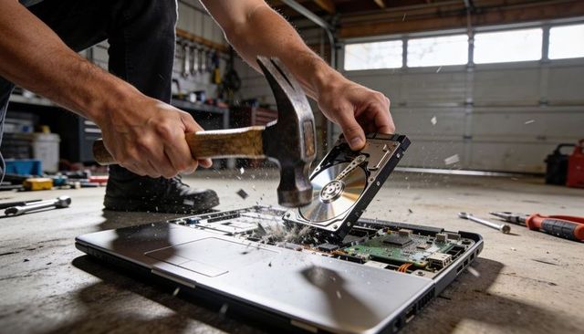 Smashing hard drive with hammer over laptop in garage workshop for data destruction