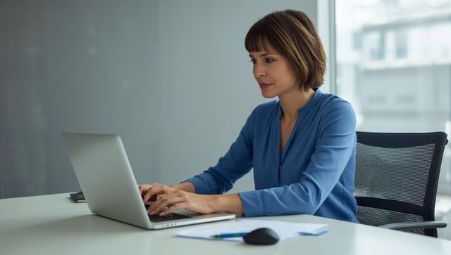 Professional woman in blue blouse typing on laptop at modern office