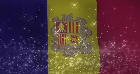 Andorra coat of arms shining on sparkling blue-gold-crimson tricolor backdrop