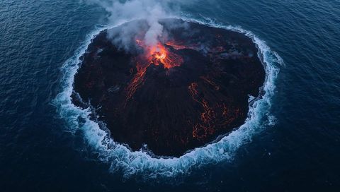 Dramatic Volcanic Eruption with Flowing Lava and Rising Steam Plume