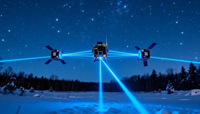 Cubesat fleet hovering and emitting blue laser links over snowy forest night sky