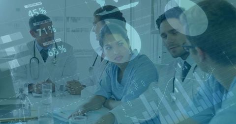 Clinician leading data-driven medical team meeting with healthcare analytics dashboard