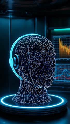 Vertical AI Hologram Head Rotating on Tech Base with Headphones and Data HUD Visuals
