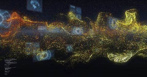 Luminous particle data wave visualizing big data flow with holographic hud and orbs