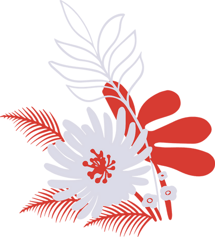 Minimalistic floral bouquet with red palm fronds on transparent background
