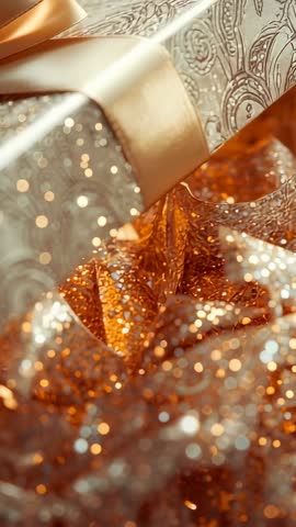 Opening luxury gift box revealing golden crinkle filler and sparkling bokeh for unboxing