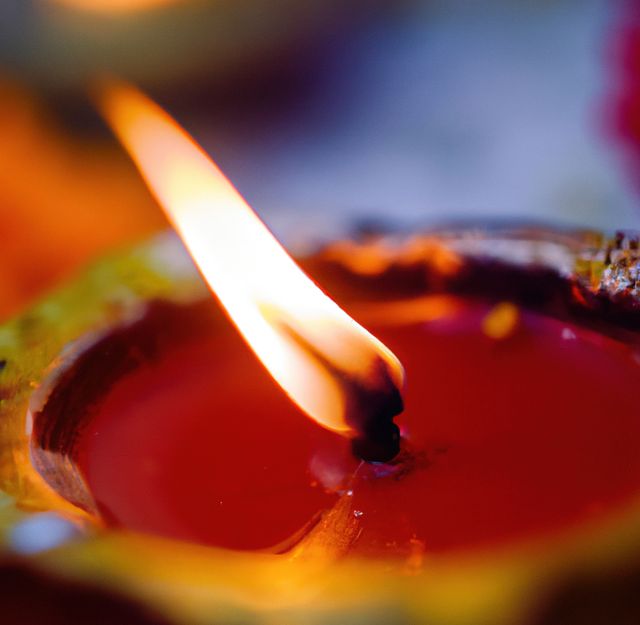 Image of close up of traditional lit indian candle on dark background. Indian tradition, light and celebration concept.