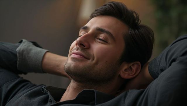 Relaxing young man reclining on couch, peaceful home portrait with cozy warm lighting