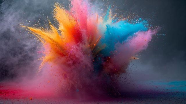 Exploding color powder plume bursting into vibrant pigment cloud with suspended dust