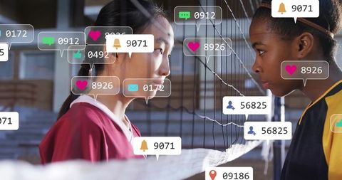 Volleyball Players Engaged Across Net With Social Media Elements