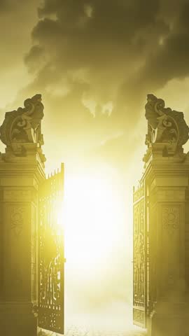 Golden Gates Opening to Radiant Light Through Mist with Dramatic Clouds Vertical Video