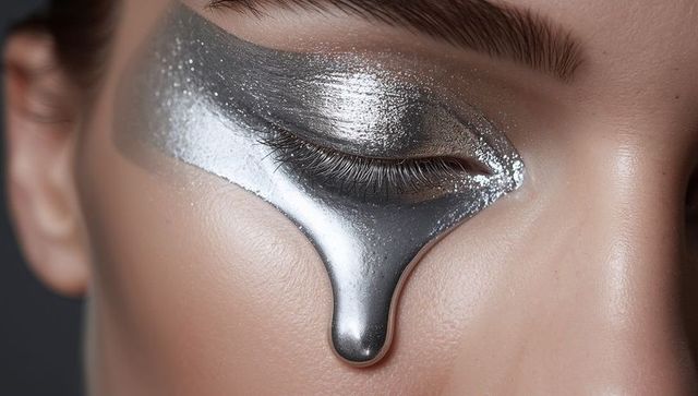 Model wearing metallic silver makeup forming teardrop on closed eye
