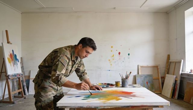 Soldier painting vibrant abstract canvas in art studio wearing camouflage uniform