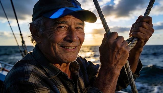 Smiling senior sailor gripping thick braided rope on sailboat at sunset golden hour
