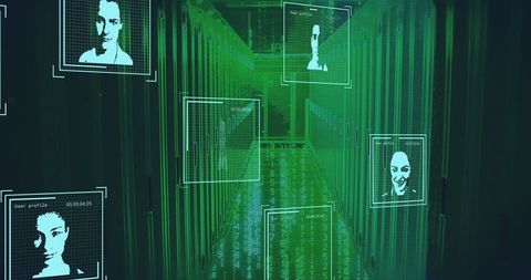 Futuristic Data Center with Cybersecurity Interfaces and Binary Code