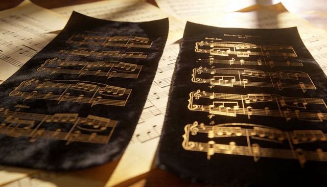 Sunlit gold music notation glowing on black velvet strips over vintage sheet music