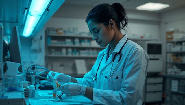 Pharmacist preparing medication vials with pipette at laboratory bench wearing gloves