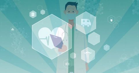 Healthcare Icons Overlay on Masked Doctor Illustration