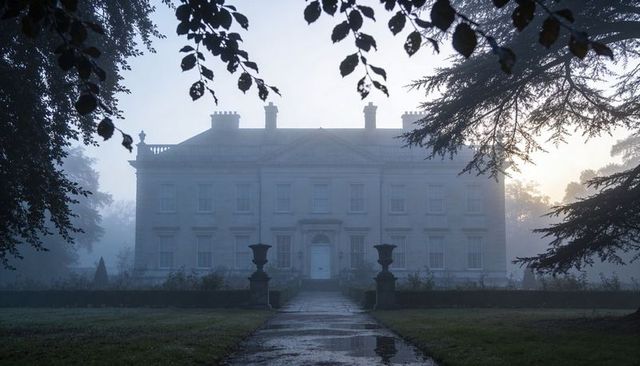 Misty georgian manor house on tree-framed approach with puddled stone path