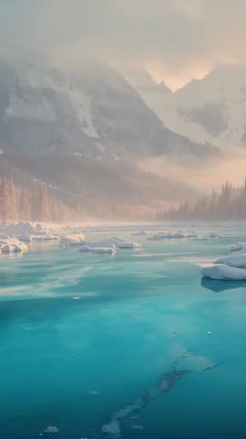 Sunlit Turquoise Lake with Shifting Ice Floes and Lifting Mist in Alpine Dawn Vertical Video