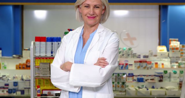 Portrait of pharmacist standing at counter in pharmacy