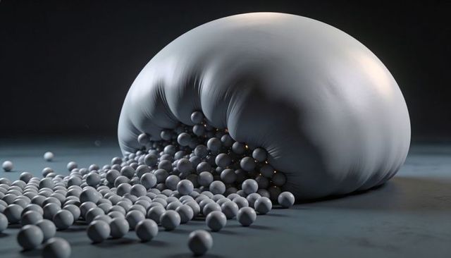 Pillowy dome releasing matte spheres through seamed opening with warm amber glow