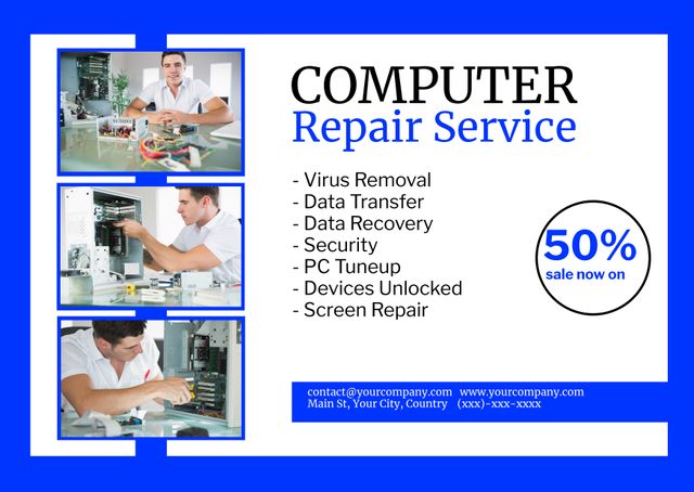 Professional Computer Repair Service Flyer Featuring Technicians at Work - Download Free Stock Templates Pikwizard.com