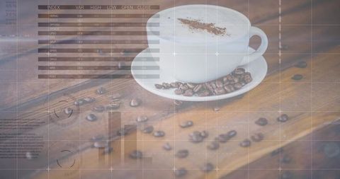 Sitting cappuccino with coffee beans on rustic wooden table with financial data overlay