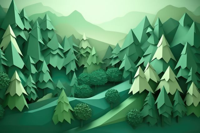 Abstract paper-cut style indicates a picturesque forest landscape with green evergreen trees. Ideal for eco-friendly designs, environmental campaigns, nature appreciation themes, or educational materials on forestry and wildlife conservation.