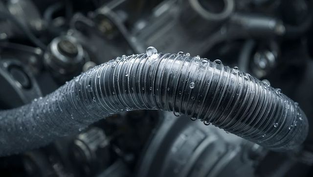 Corrugated conduit catching water droplets across engine bay macro detail