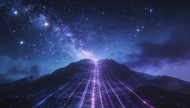 Converging neon grid climbing cosmic mountain under milky way night sky, futuristic purple trails