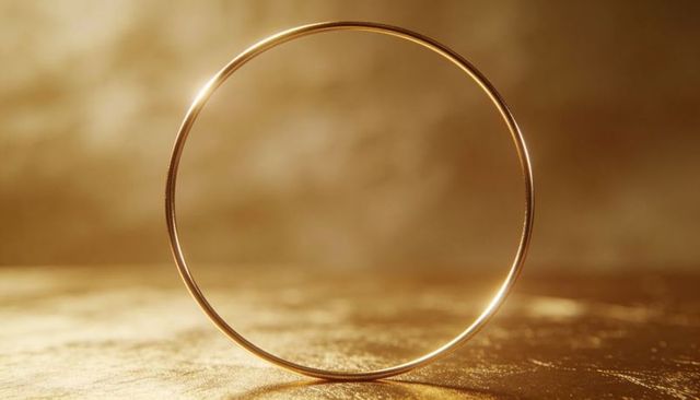 Thin Gold Ring Balancing on Edge on Textured Golden Surface Minimalist Luxury Still Life
