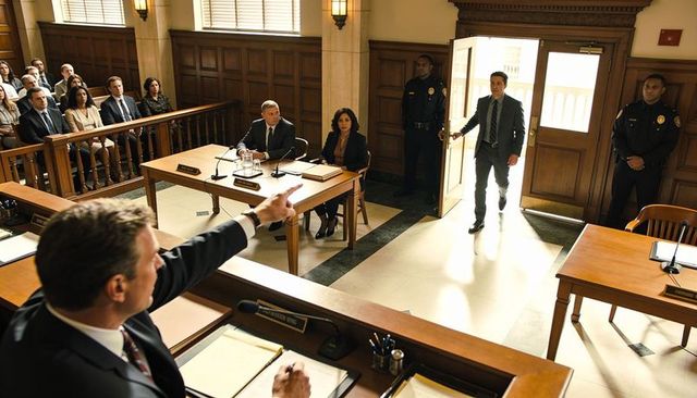 Man entering sunlit courtroom while judge pointing during high-stakes trial