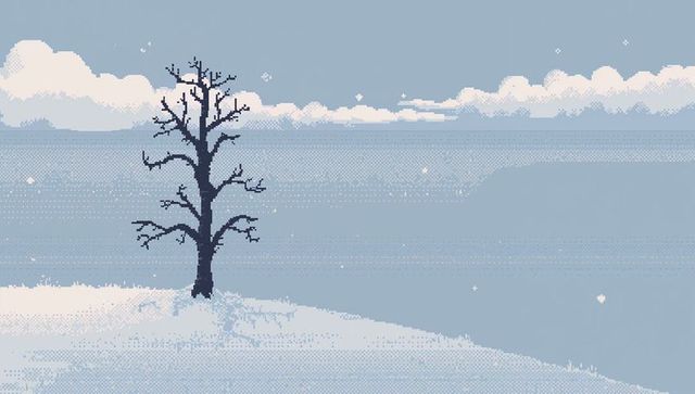 Solitary leafless tree on snowy slope pixel art winter landscape minimalist horizon