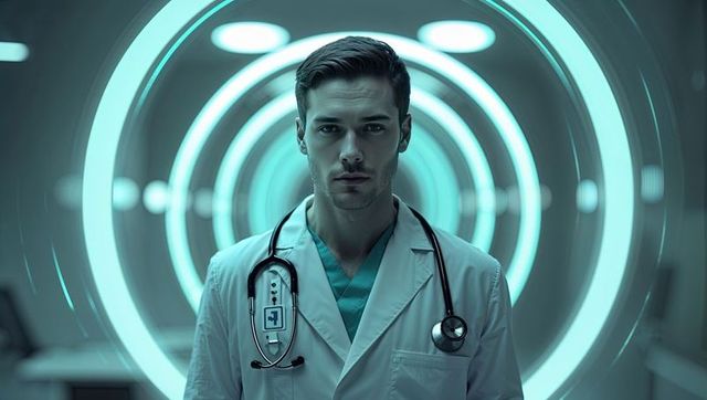 Futuristic doctor in neon hallway with tech-inspired design