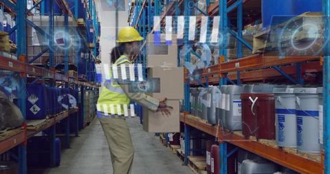 Warehouse worker carrying stacked boxes with ar hud overlay in industrial inventory aisle