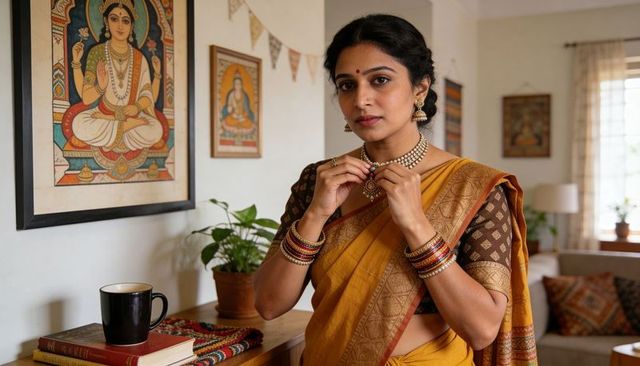 Indian woman adjusting choker necklace wearing mustard silk saree in sunlit living room