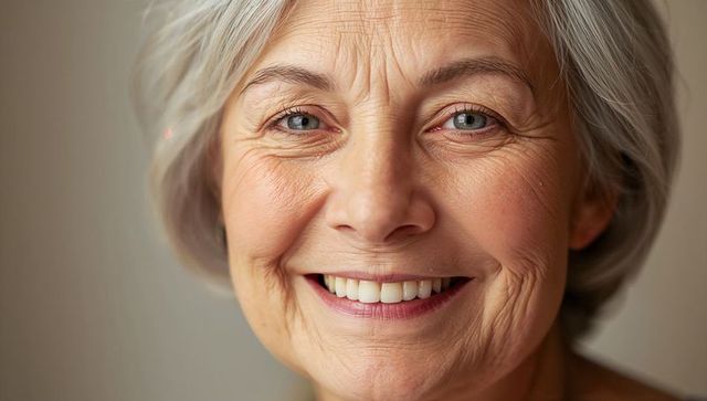 Smiling senior woman showing graceful facial wrinkles and short gray hair, close-up headshot